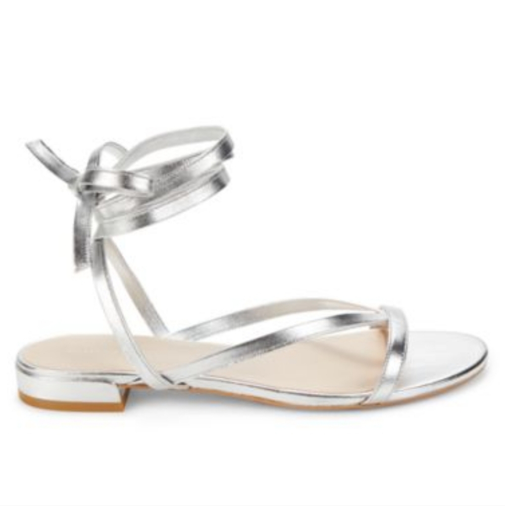 Stuart Weitzman Anita Metallic Silver Leather Ankle Strap Flat Sandals Sz 7